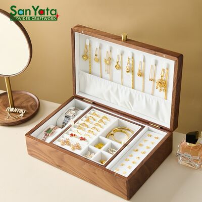 Custom Wooden Jewelry Box with Laser Engraving for Women's Gift, Luxury Walnut Organizer with Velvet Lining