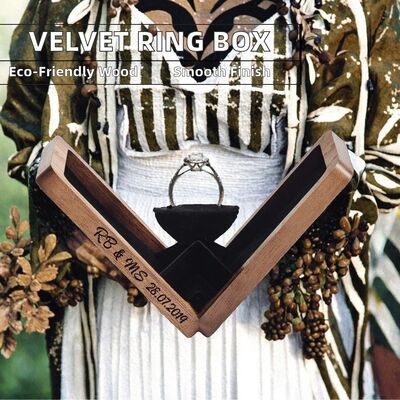 Walnut Square Wooden Velvet Small Thin Flat Ring Box for Wedding