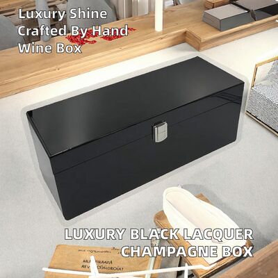 Handmade Luxury Wooden Champagne Bottle Box with Piano Black Lacquer Finish Rectangle Shape