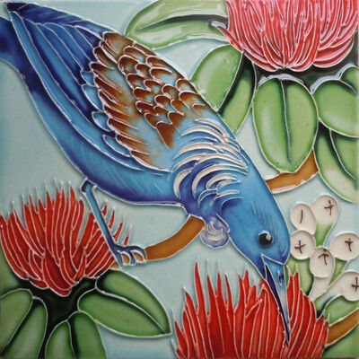 Handmade and Hand-Painted Glazed Ceramic Birds Tile Picture Wall Hanging Artwork