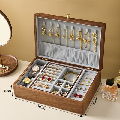 2025 Double-Layer Vintage Walnut Solid  Wooden Box with Jewellery Storage for Wedding Anniversary Gift