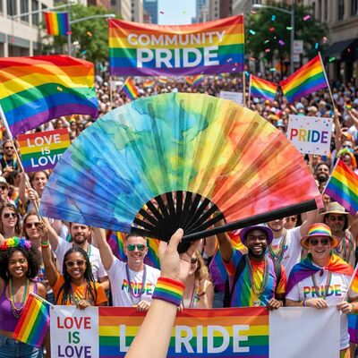 13 Inch Large Rainbow Watercolor Folding Fan for Pride Parade & LGBTQ Community Rallies Large Bamboo Clack Fan
