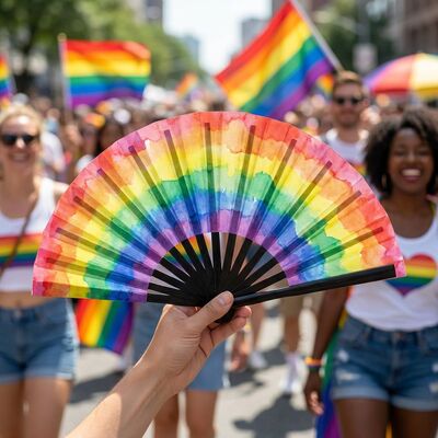 13 Inch Large Rainbow Watercolor Folding Fan for Pride Parade & LGBTQ Community Rallies Large Bamboo Clack Fan