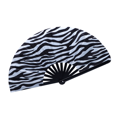 13 Inch Large Zebra Print Rave Fan Bamboo Folding Clack Fan for Techno Music Festival & EDM Party Performance