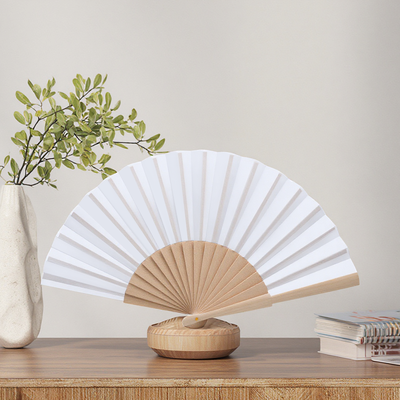 23cm White Wooden Folding Fan with Engraved Logo for Wedding Painted Decoration