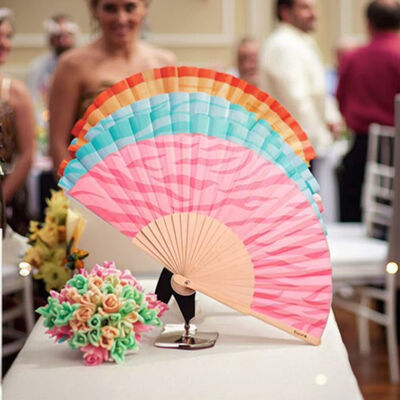 Pink Fantasy Patterned Folk Art Wooden Folding Hand Fan with Screen Printing for Home Decor Parties Gifts