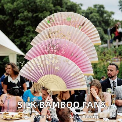 Hot Selling Carved Bamboo Folding Silk Material Wedding Fans for Gifts