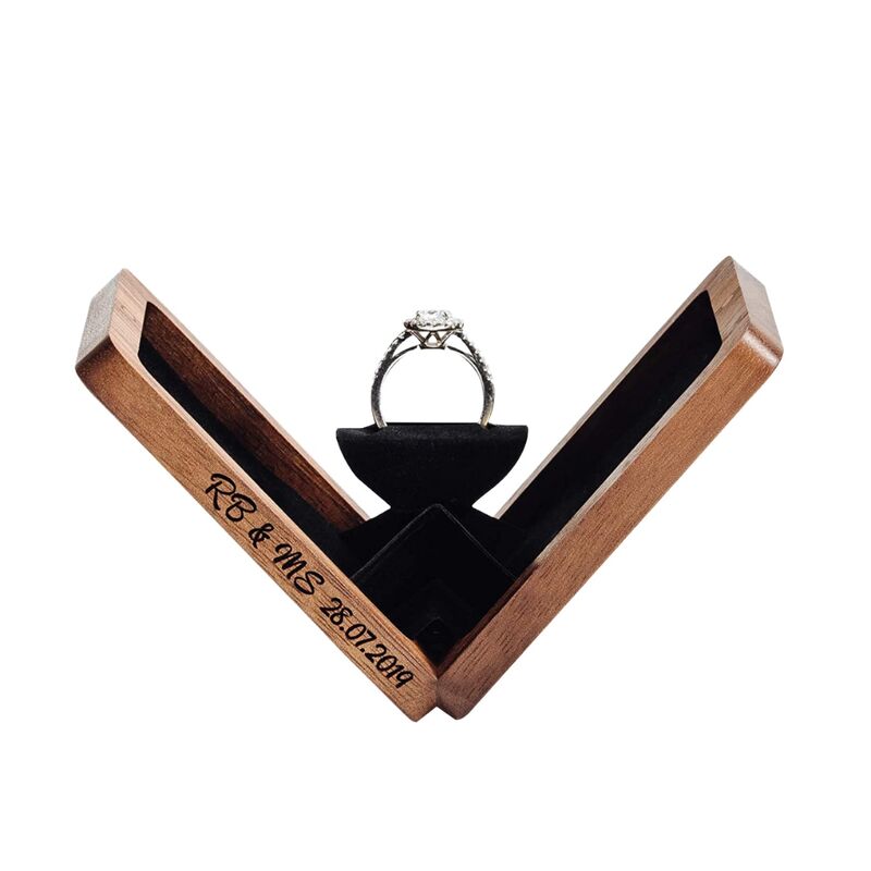 Walnut Square Wooden Velvet Small Thin Flat Ring Box for Wedding