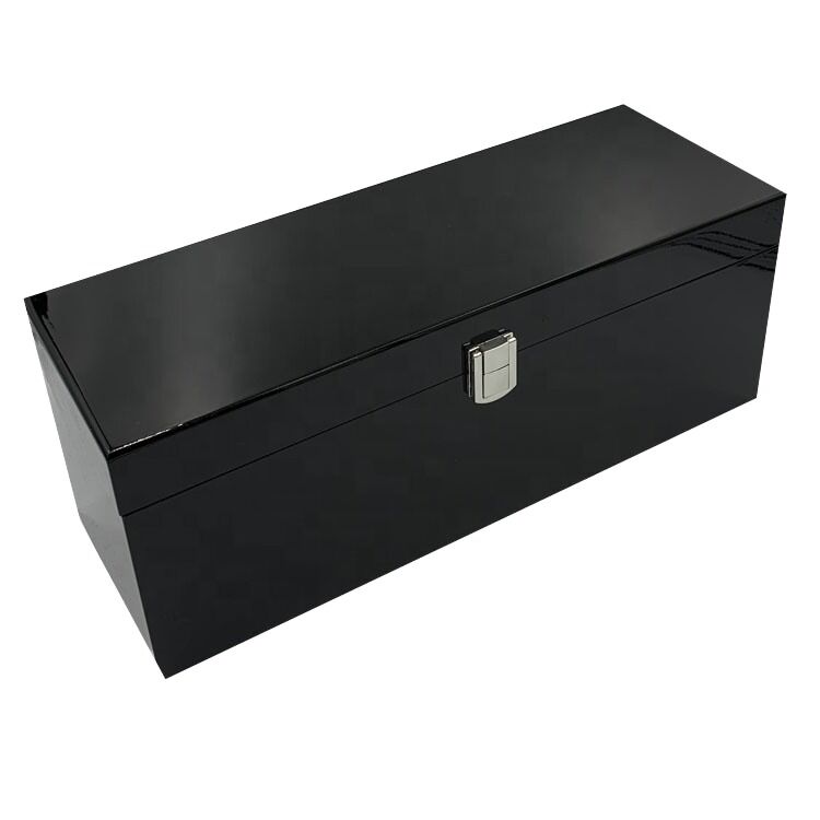 Handmade Luxury Wooden Champagne Bottle Box with Piano Black Lacquer Finish Rectangle Shape