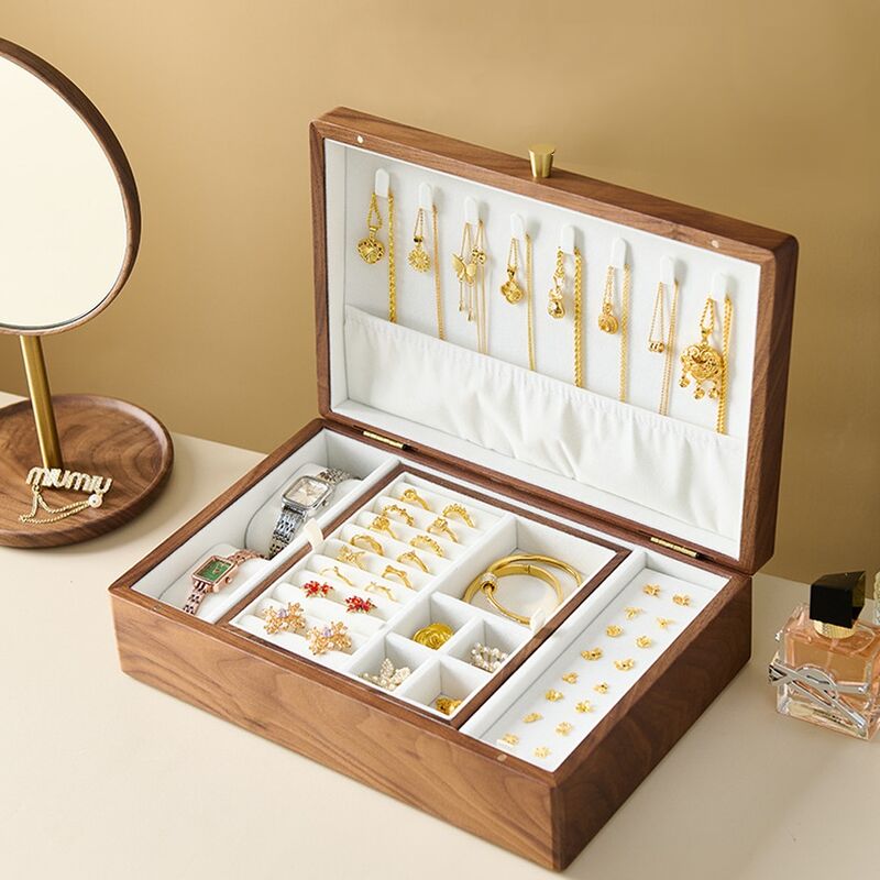 2025 Double-Layer Vintage Walnut Solid  Wooden Box with Jewellery Storage for Wedding Anniversary Gift